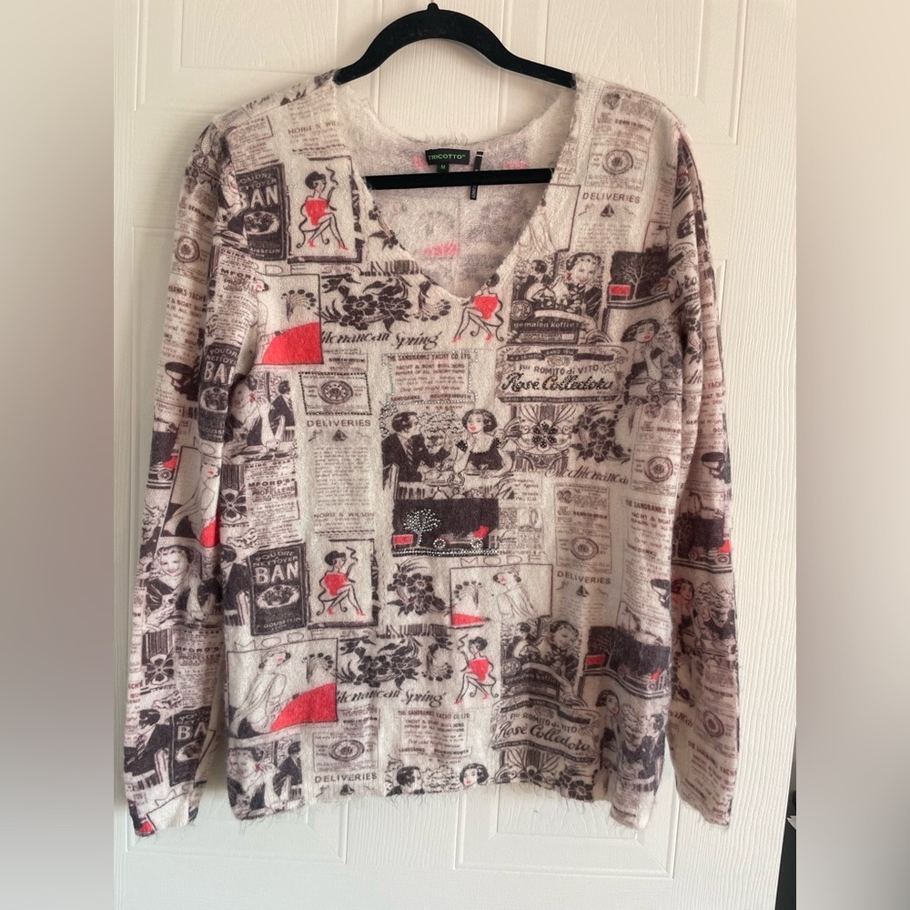 Tricotto M Vintage Newspaper Print Rhinestone V-Neck Sweater Maximalist Art - Picture 2 of 15
